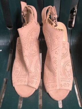 JustFab Blush Suede Peep-Toe Perforated Wedge Mules